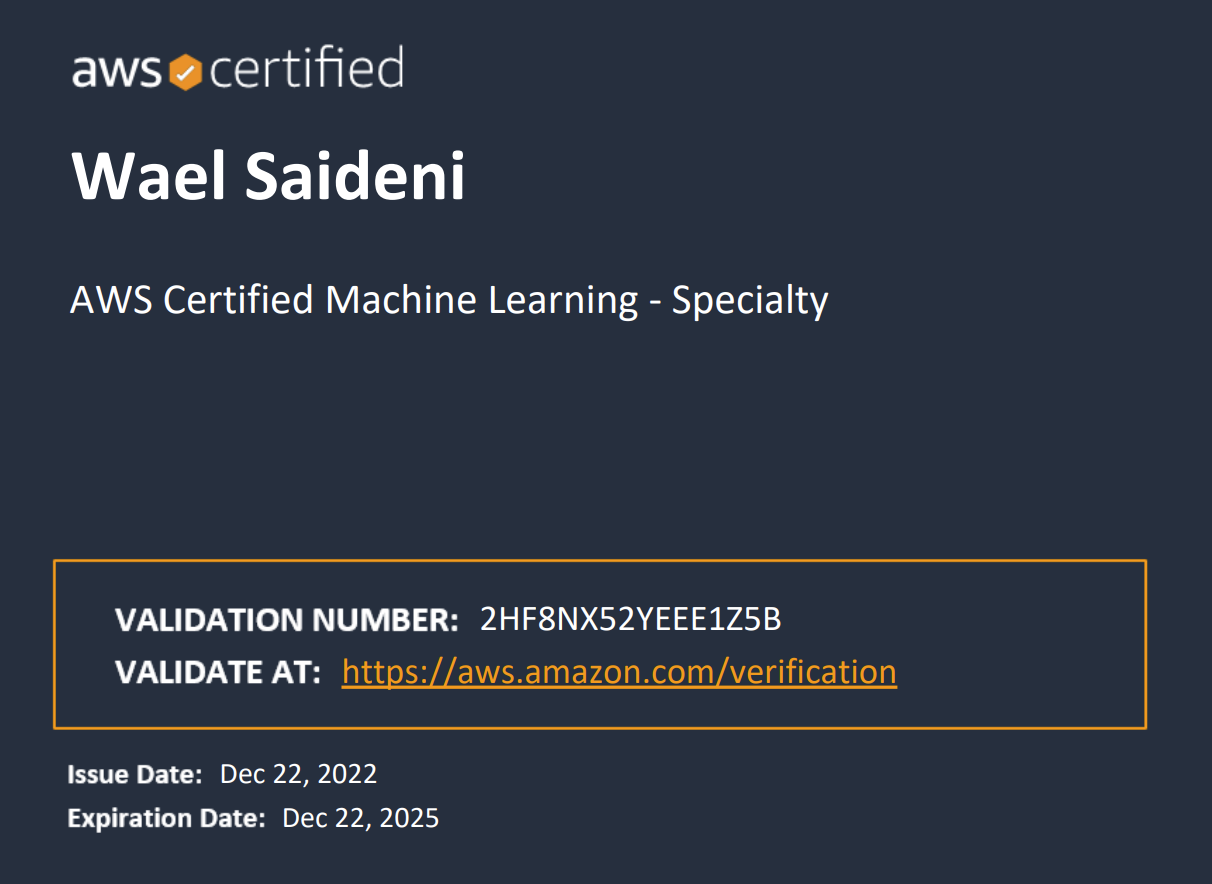 Mon certficat AWS Machine Learning Speciality